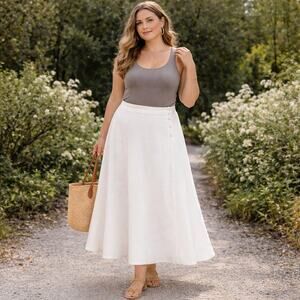 Lauren Ralph Lauren SZ 18W 100% Linen Fit & Flare Skirt White Lined Side Button